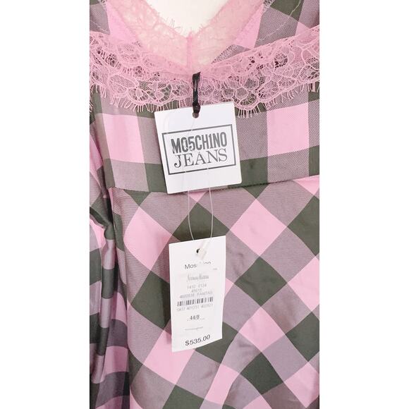 MOSCHINO JEANS Check Lace Long-Sleeve Mini Dress - Fantasy Print Green 44/US8 - Picture 5 of 7